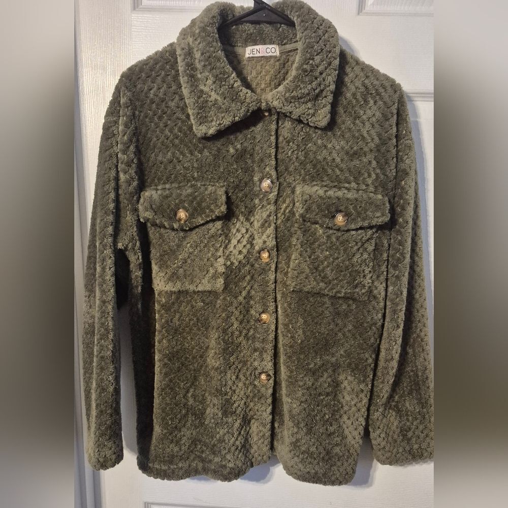 Jen & Co. Olive Green Textured Jacket – Women’s, Size Medium, 22” Flat, Stylish